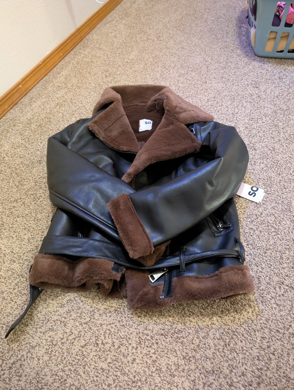 SO Faux Leather Bomber Jacket with Brown Shearling Trim